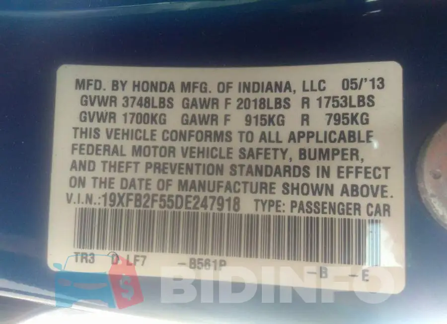 19XFB2F55DE247918 Photo# 9