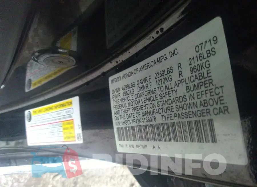 1HGCV1F42KA136076 Photo# 9