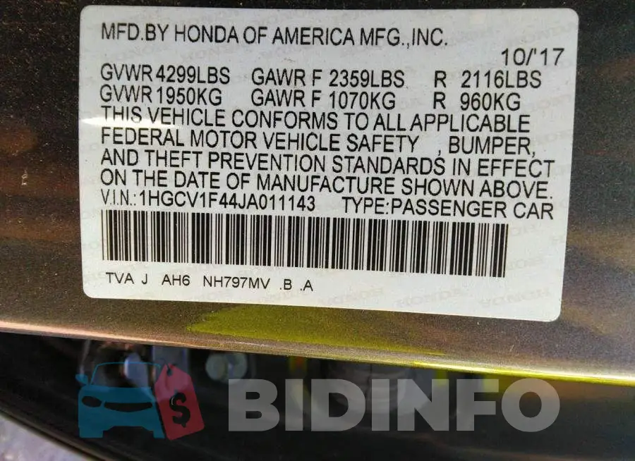 1HGCV1F44JA011143 Photo# 9