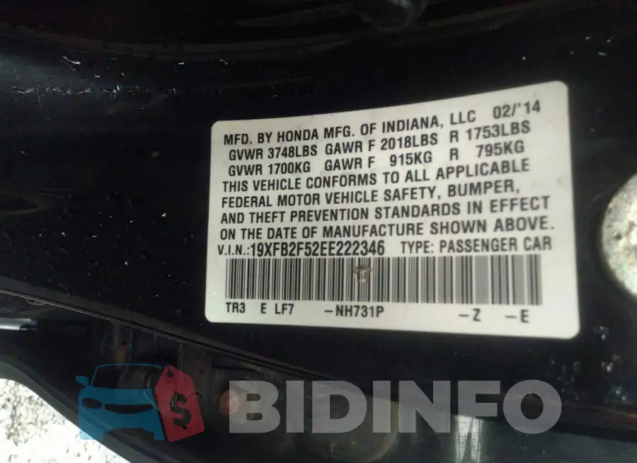 19XFB2F52EE222346 Photo# 9