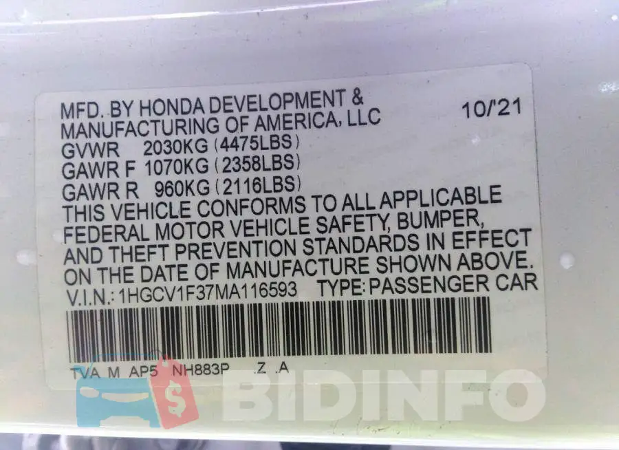 1HGCV1F37MA116593 Photo# 9