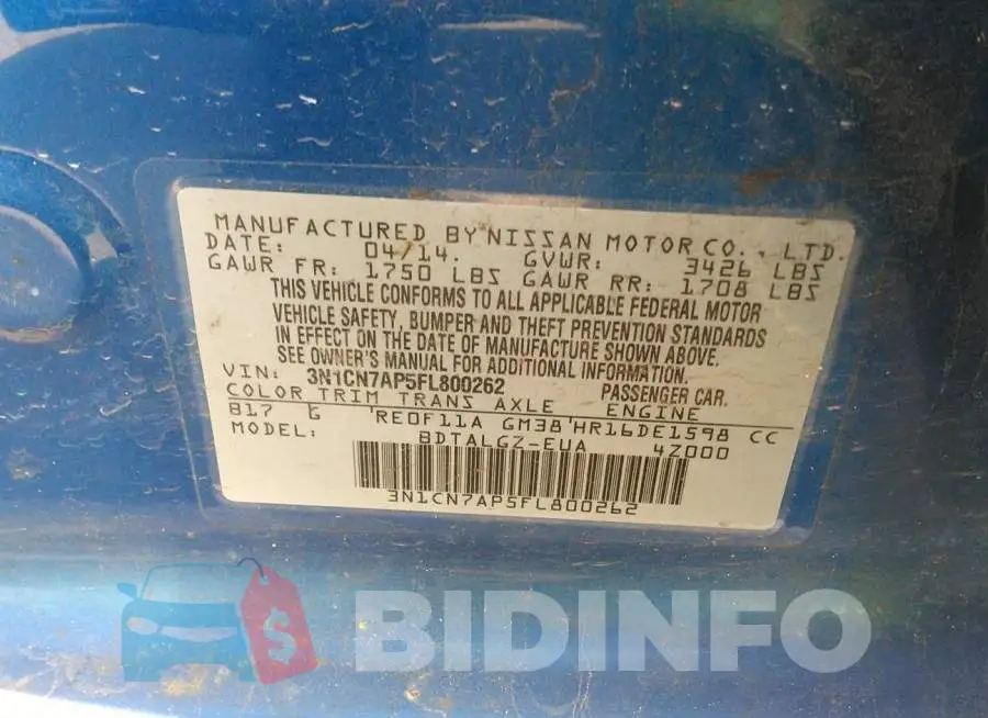 3N1CN7AP5FL800262 Photo# 9