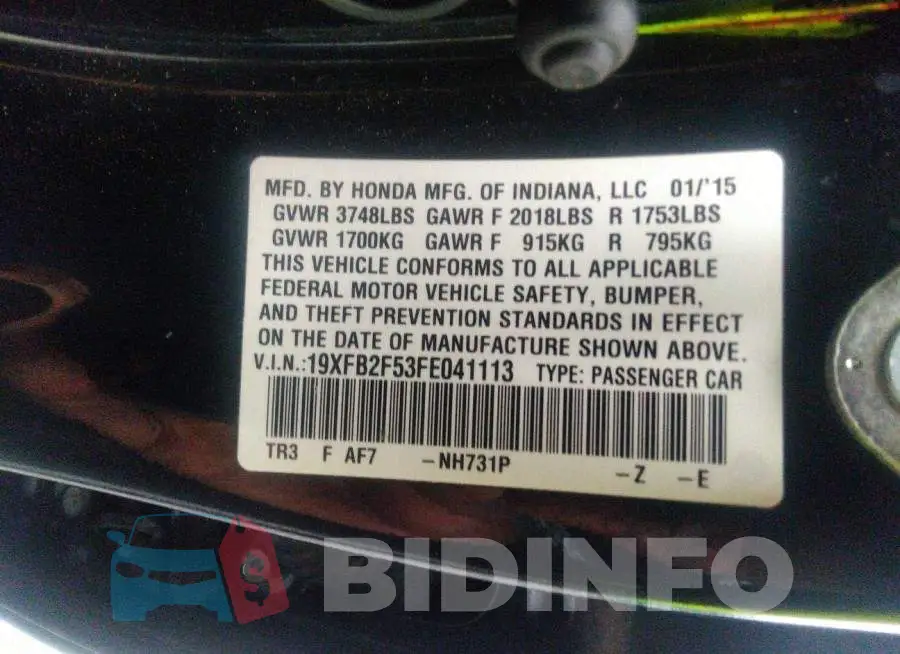 19XFB2F53FE041113 Photo# 9
