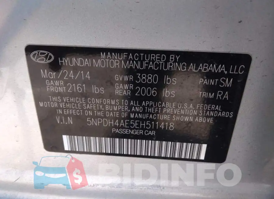 5NPDH4AE5EH511418 Photo# 9