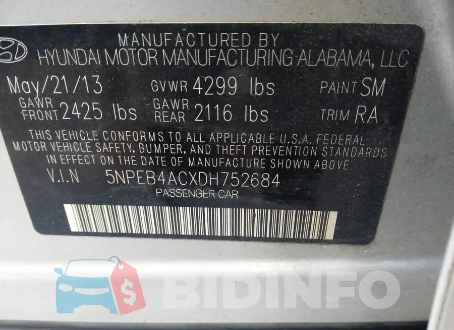 5NPEB4ACXDH752684 Photo# 9