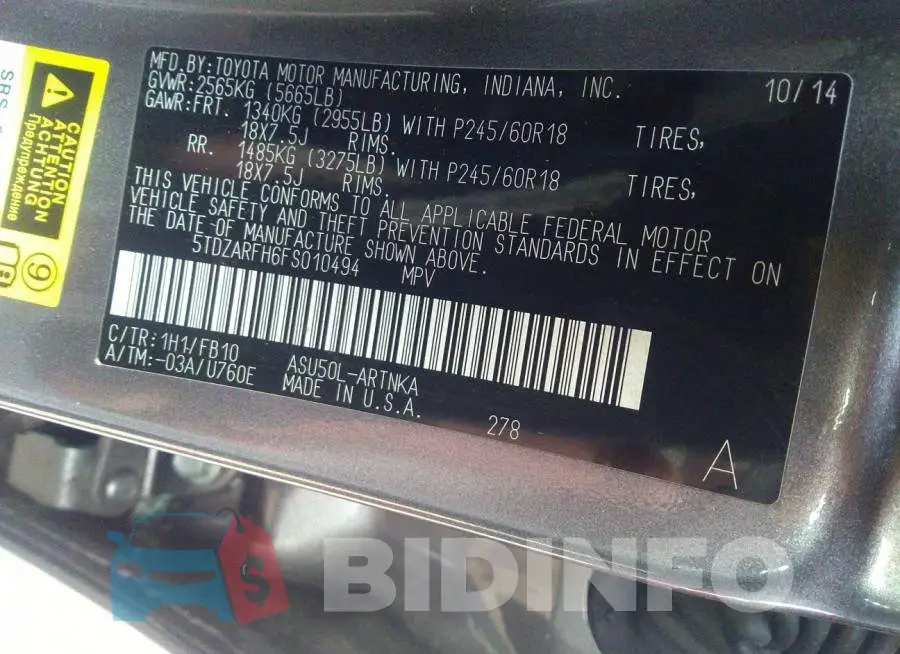 5TDZARFH6FS010494 Photo# 9