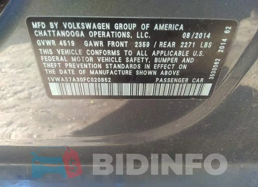 1VWAS7A30FC020852 Photo# 9