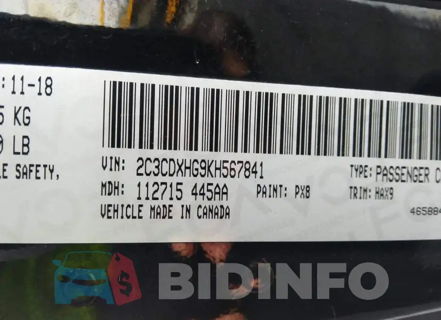 2C3CDXHG9KH567841 Photo# 9