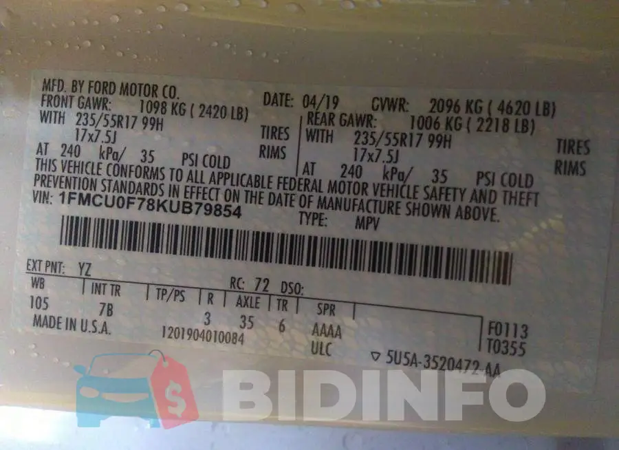 1FMCU0F78KUB79854 Photo# 9