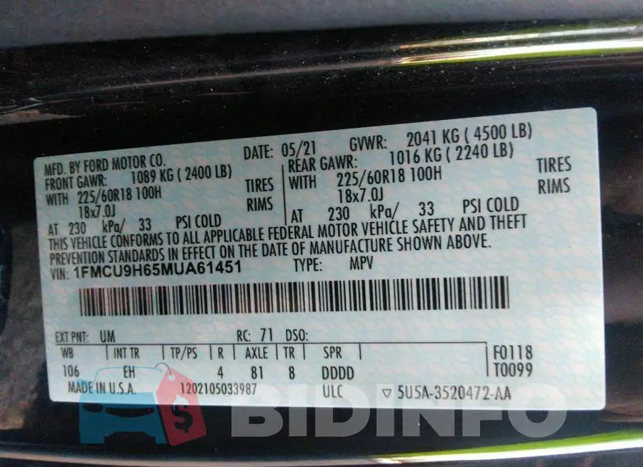 1FMCU9H65MUA61451 Photo# 9