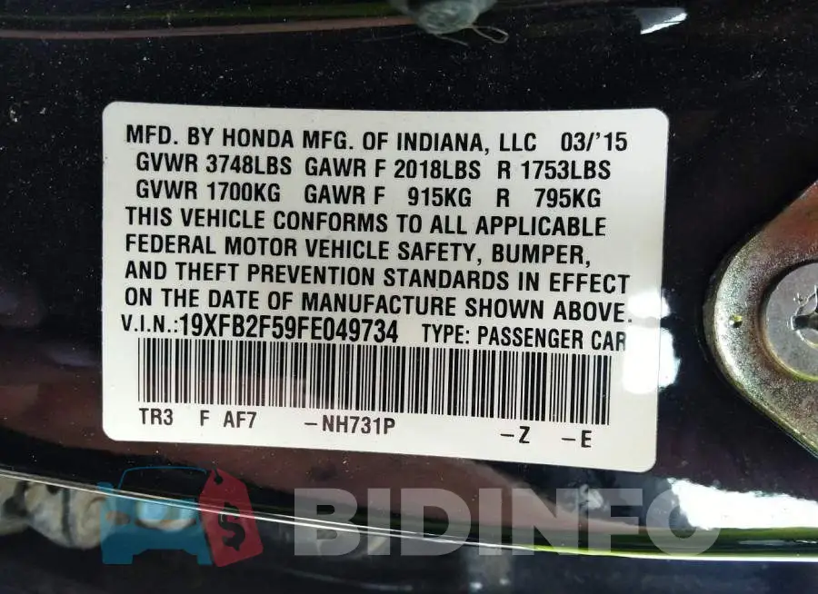 19XFB2F59FE049734 Photo# 9