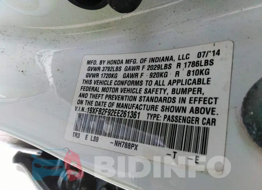 19XFB2F92EE261361 Photo# 9