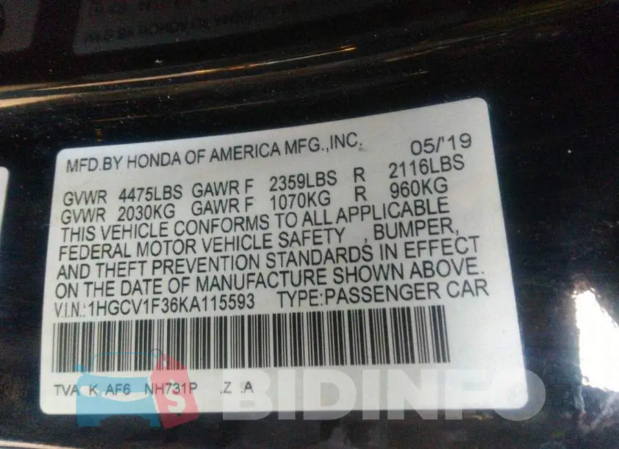 1HGCV1F36KA115593 Photo# 9