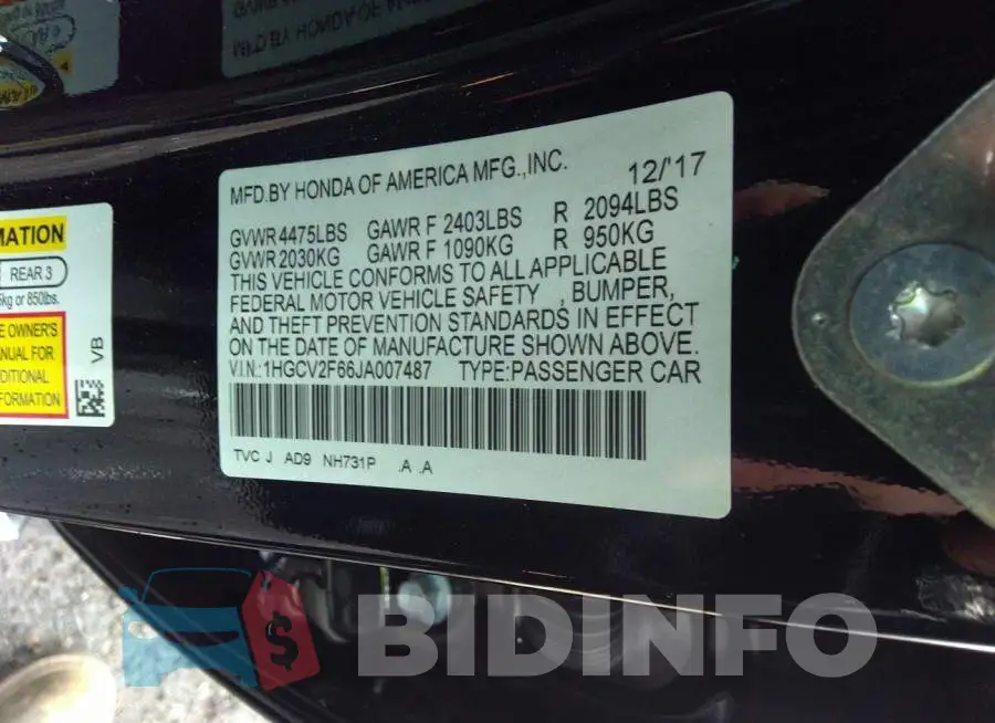 1HGCV2F66JA007487 Photo# 9