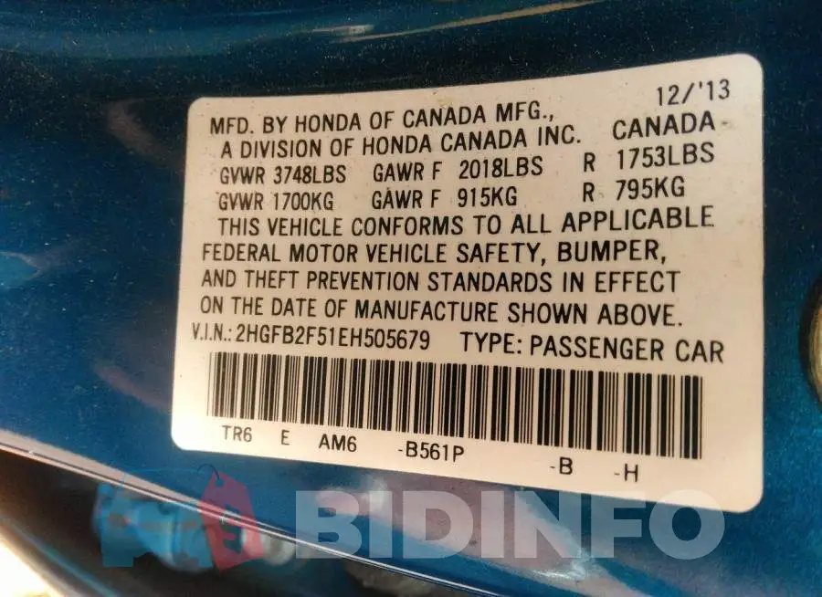 2HGFB2F51EH505679 Photo# 9