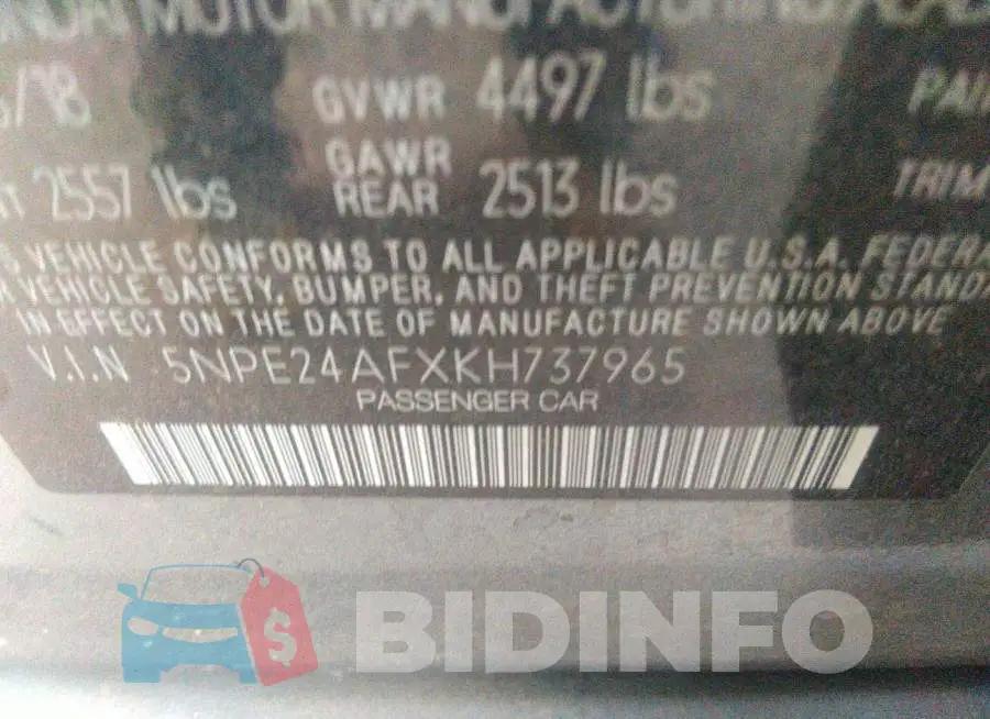 5NPE24AFXKH737965 Photo# 9