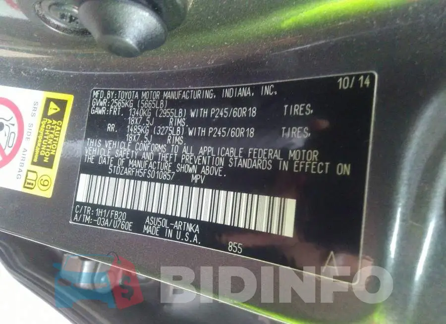 5TDZARFH5FS010857 Photo# 9