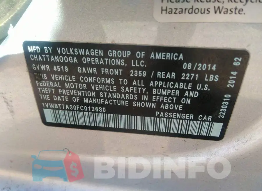 1VWBT7A30FC013630 Photo# 9