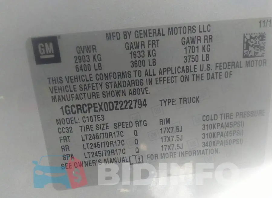 1GCRCPEX0DZ222794 Photo# 9