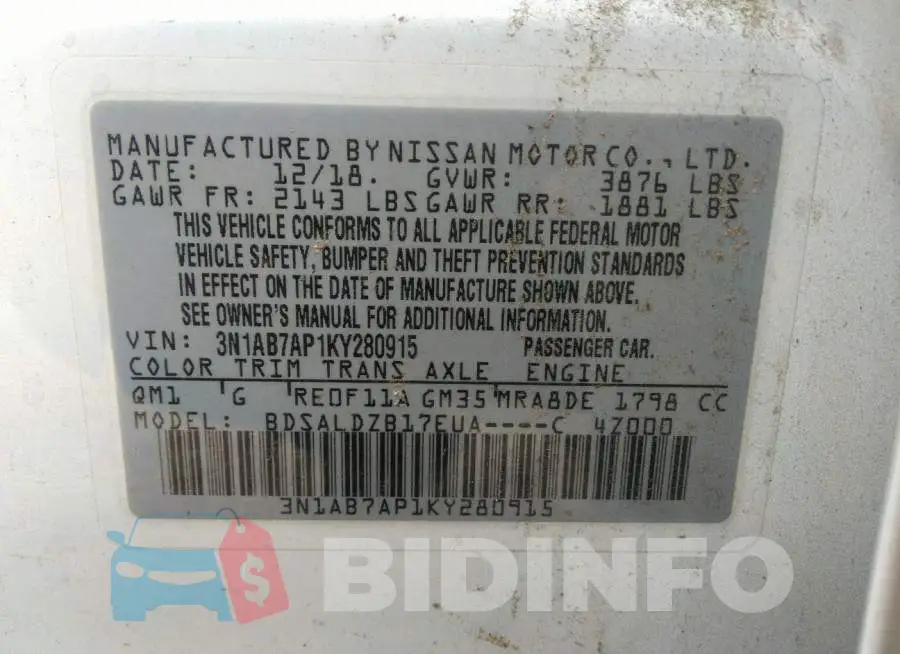 3N1AB7AP1KY280915 Photo# 9