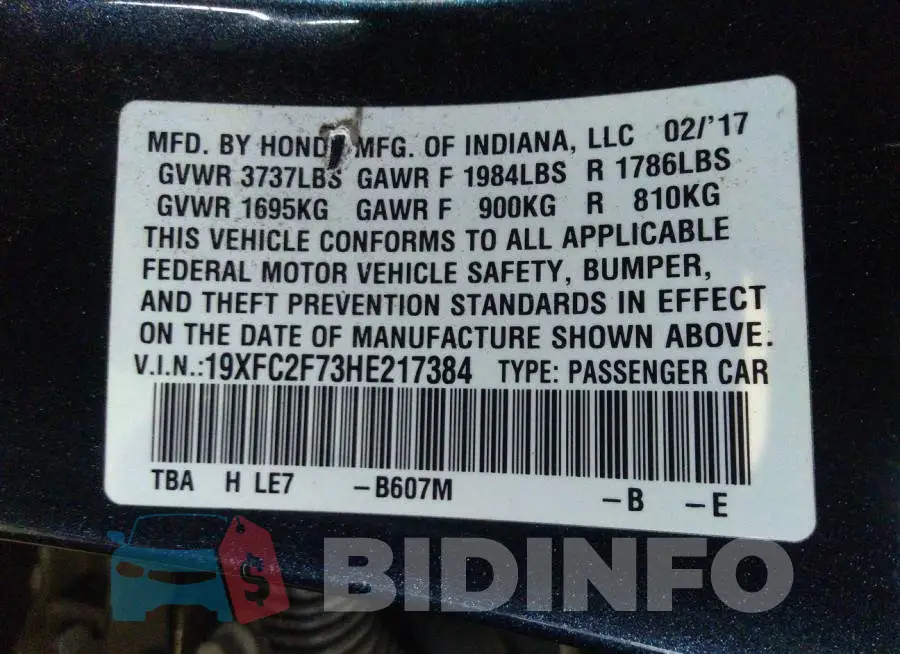 19XFC2F73HE217384 Photo# 9