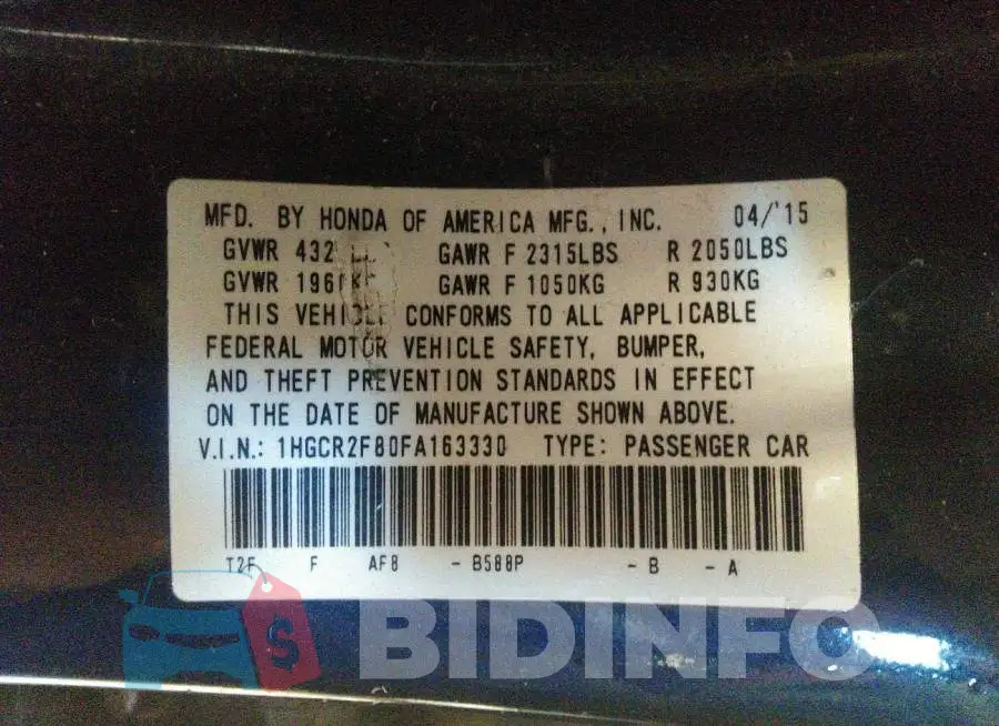 1HGCR2F80FA163330 Photo# 9