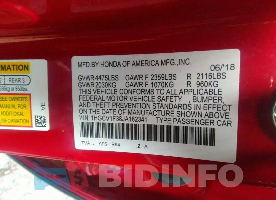 1HGCV1F38JA182341 Photo# 9