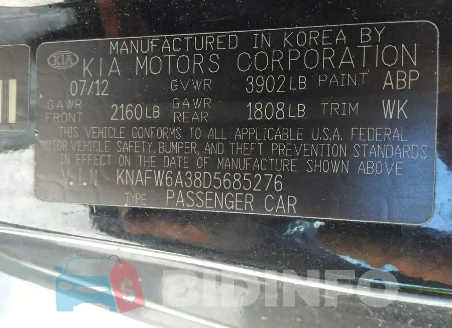 KNAFW6A38D5685276 Photo# 9