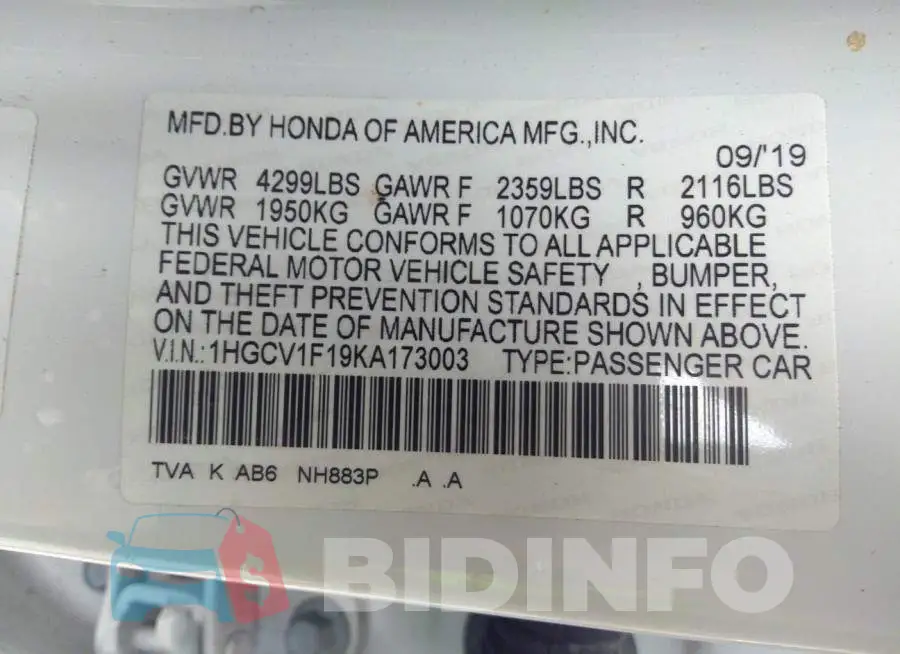 1HGCV1F19KA173003 Photo# 9