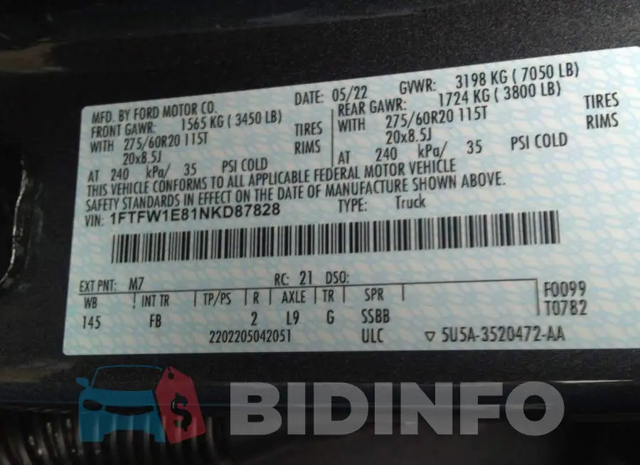 1FTFW1E81NKD87828 Photo# 9