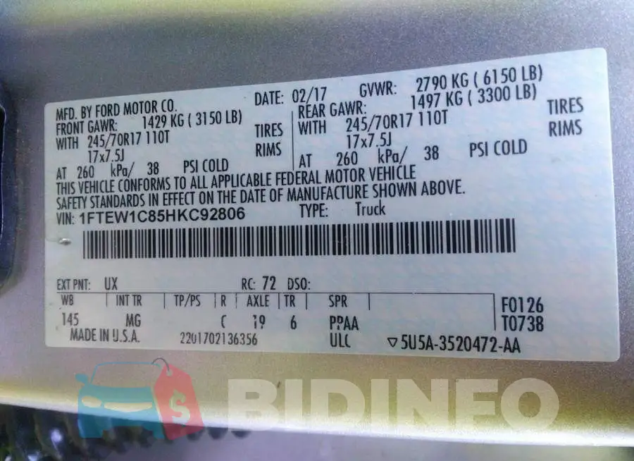 1FTEW1C85HKC92806 Photo# 9