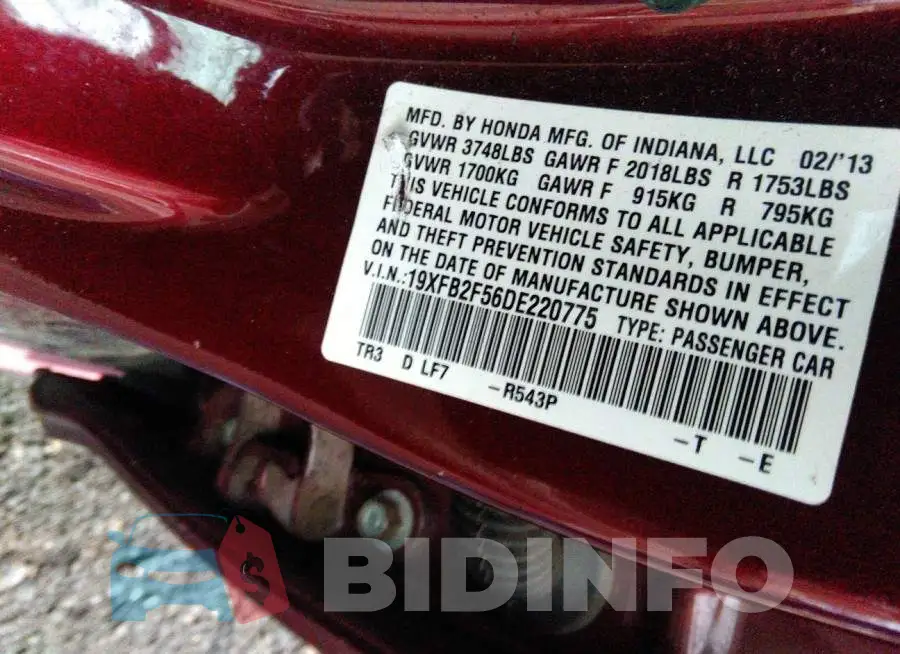 19XFB2F56DE220775 Photo# 9