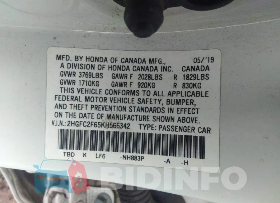 2HGFC2F65KH566342 Photo# 9