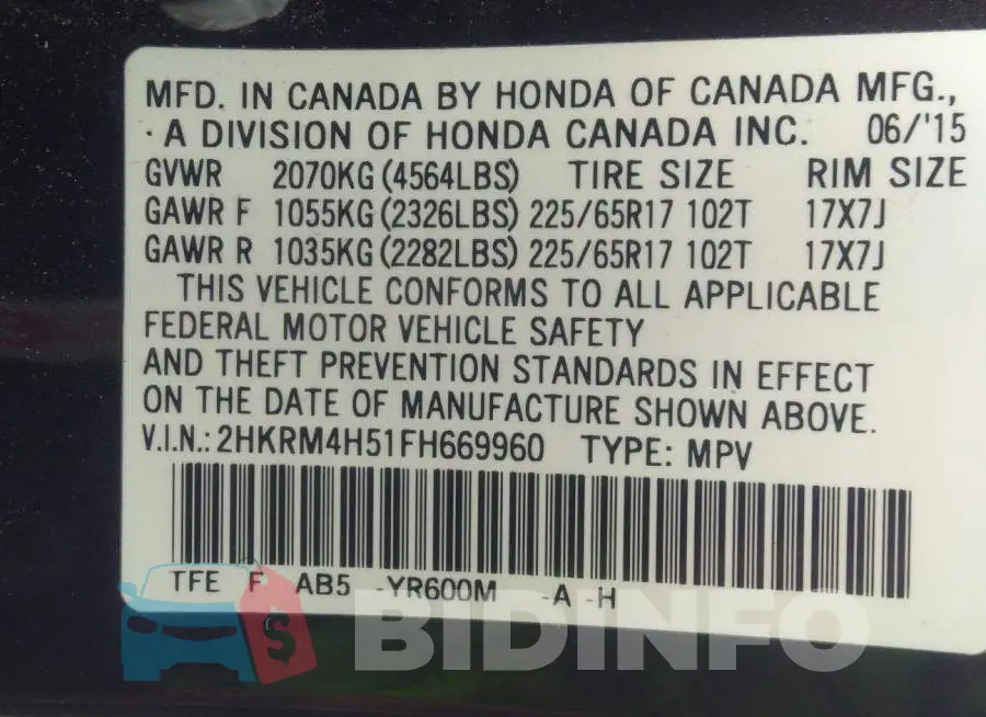 2HKRM4H51FH669960 Photo# 9