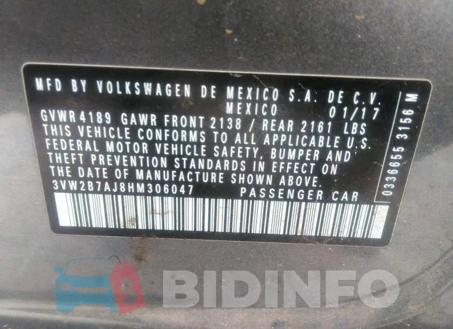 3VW2B7AJ8HM306047 Photo# 9