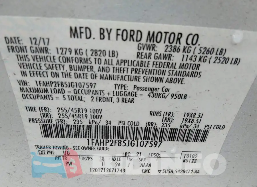 1FAHP2F85JG107597 Photo# 9