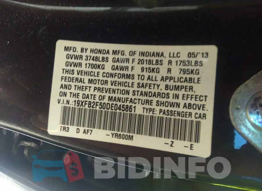 19XFB2F50DE045861 Photo# 9