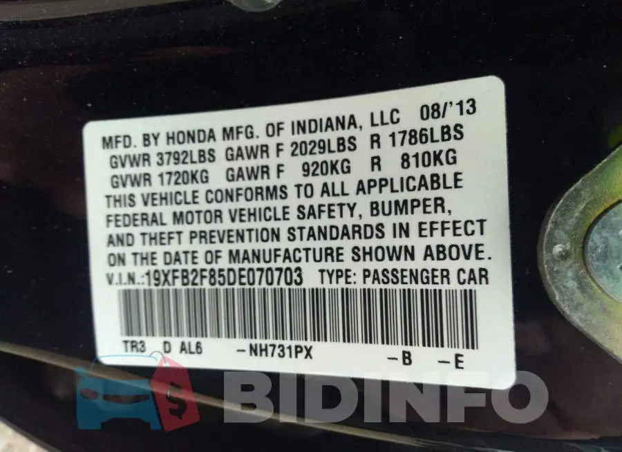19XFB2F85DE070703 Photo# 9