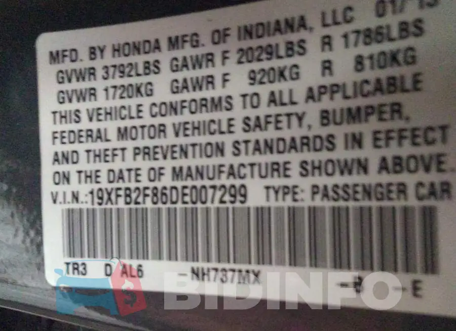 19XFB2F86DE007299 Photo# 9