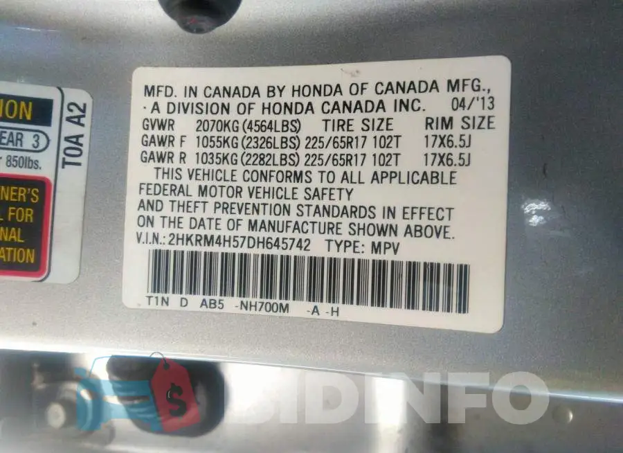2HKRM4H57DH645742 Photo# 9