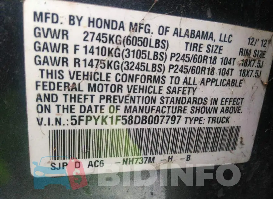 5FPYK1F58DB007797 Photo# 9