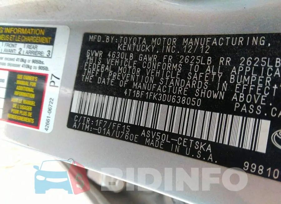4T1BF1FK3DU638050 Photo# 9