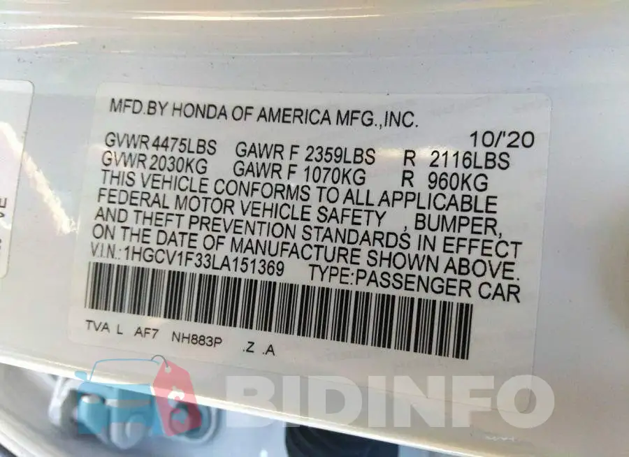 1HGCV1F33LA151369 Photo# 9