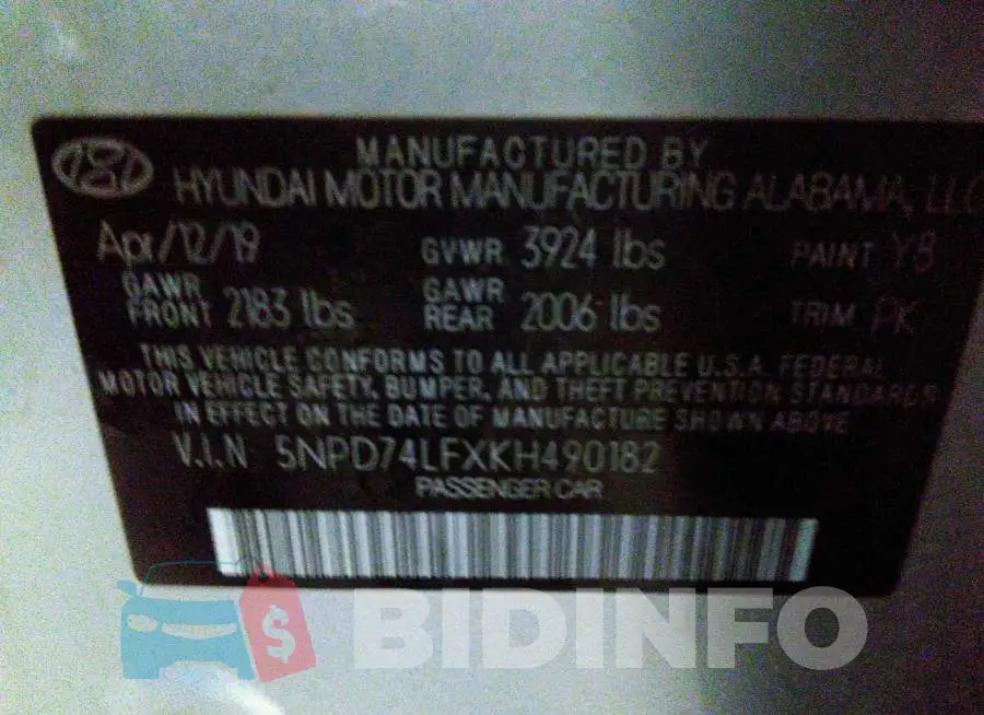 5NPD74LFXKH490182 Photo# 9