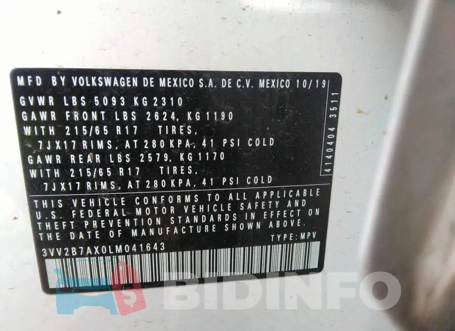 3VV2B7AX0LM041643 Photo# 9