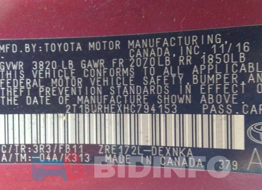 2T1BURHEXHC794153 Photo# 9