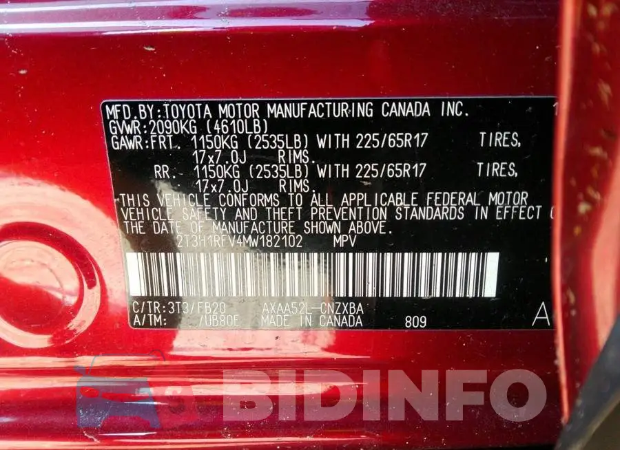 2T3H1RFV4MW182102 Photo# 9