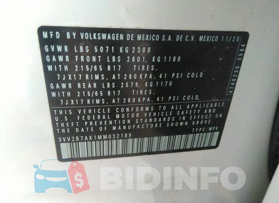 3VV2B7AX1MM032189 Photo# 9