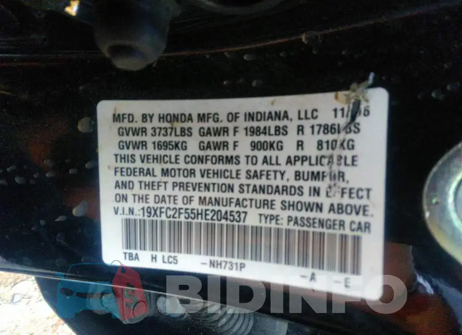 19XFC2F55HE204537 Photo# 9