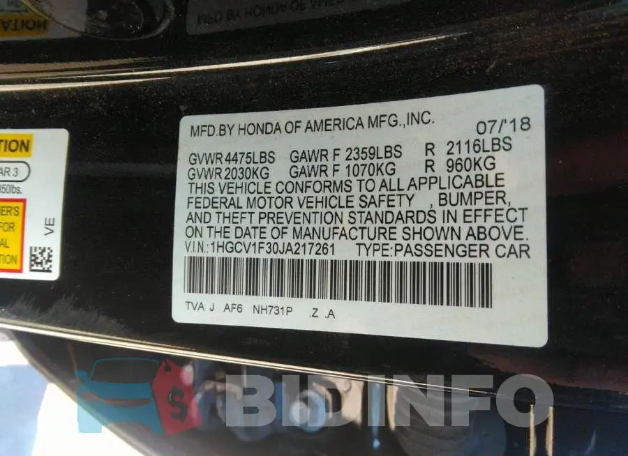 1HGCV1F30JA217261 Photo# 9